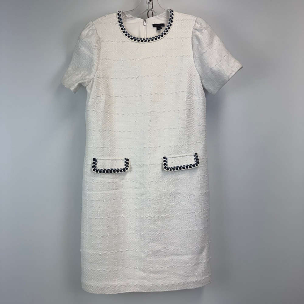 Ann Taylor White Textured Tweed Sheath Dress Size 4 Navy Trim
